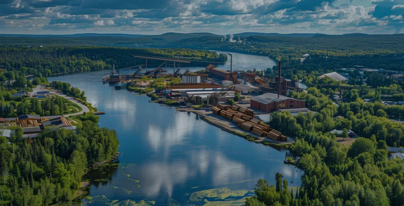 Aerial view of a riverside industrial complex surrounded by lush green forest, under a partly cloudy sky.