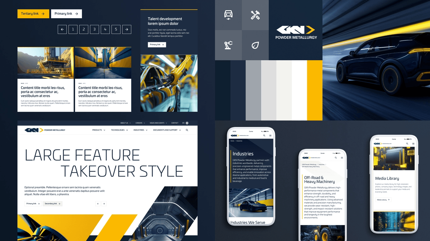 A website and mobile app UI design mockup for an industrial company, featuring blue, yellow, and gray color schemes.