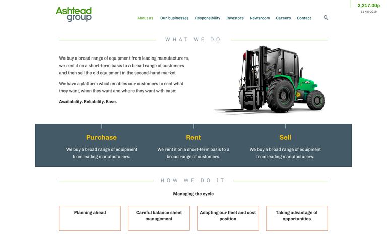 Website homepage of Ashtead Group featuring a header with the company logo, sections detailing their services (Purchase, Rent, Sell), an image of industrial equipment, and a footer with strategic goals.