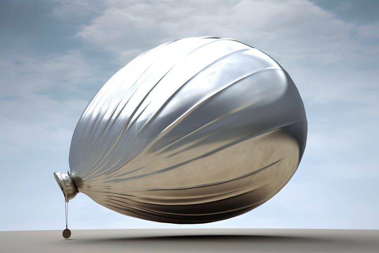 A metallic balloon, appearing deflated yet floating, hangs suspended against a cloudy sky backdrop.