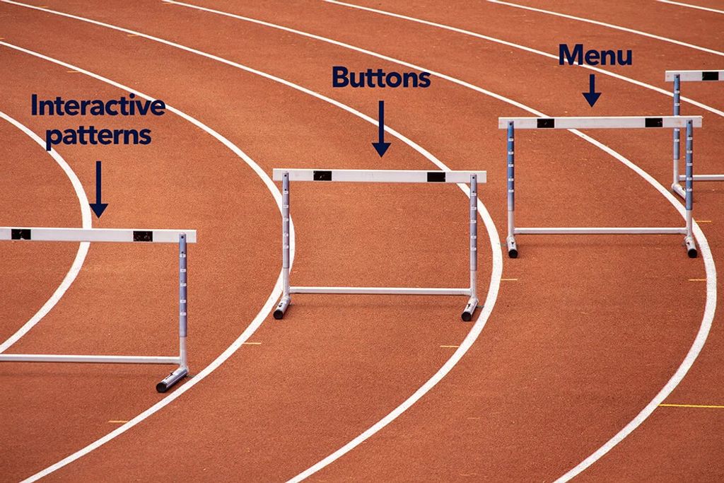 Three hurdles labeled "Interactive patterns," "Buttons," and "Menu" are set up on running tracks, symbolizing common obstacles in user interface design.