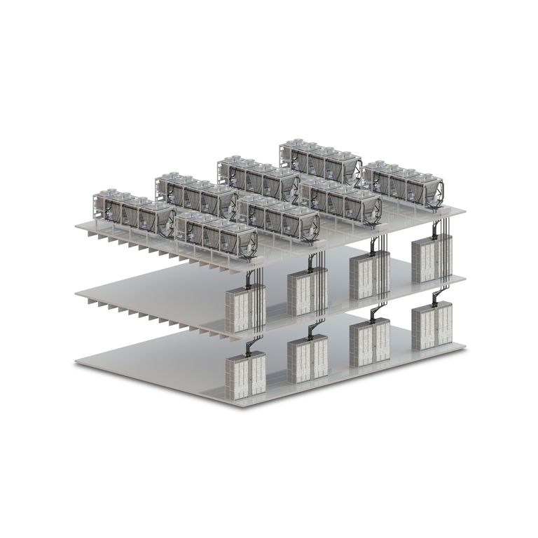 Diagram of a four-level data center cooling system with HVAC units on top and vertical ducts connecting each floor to the servers below.