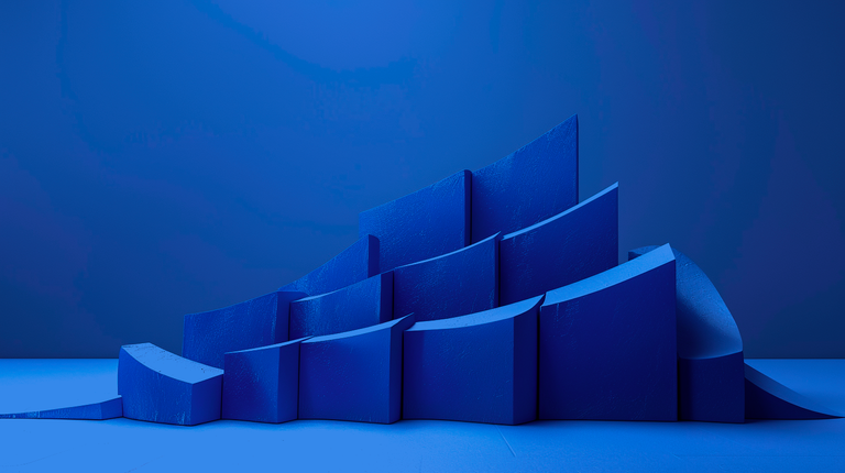 Blue geometric sculpture with layered, curved segments resembling a stylized wave, set against a blue backdrop.