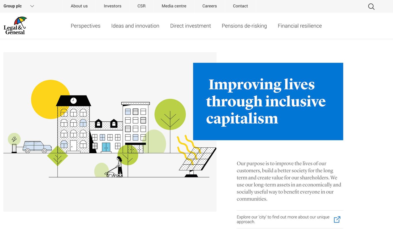 Website homepage of a financial services company featuring a banner with the slogan "improving lives through inclusive capitalism" and an illustration of a diverse, sustainable community.