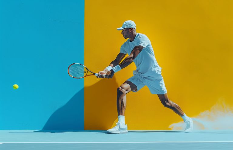 A man wearing white sports attire and a cap is playing tennis on a clean, colorful court with a blue and yellow background. He is swinging a racket to hit a tennis ball.