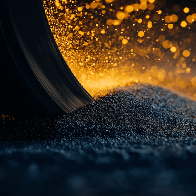 A close-up of a grinding wheel creating sparks as it grinds a dark metal surface, with glowing particles in the background.