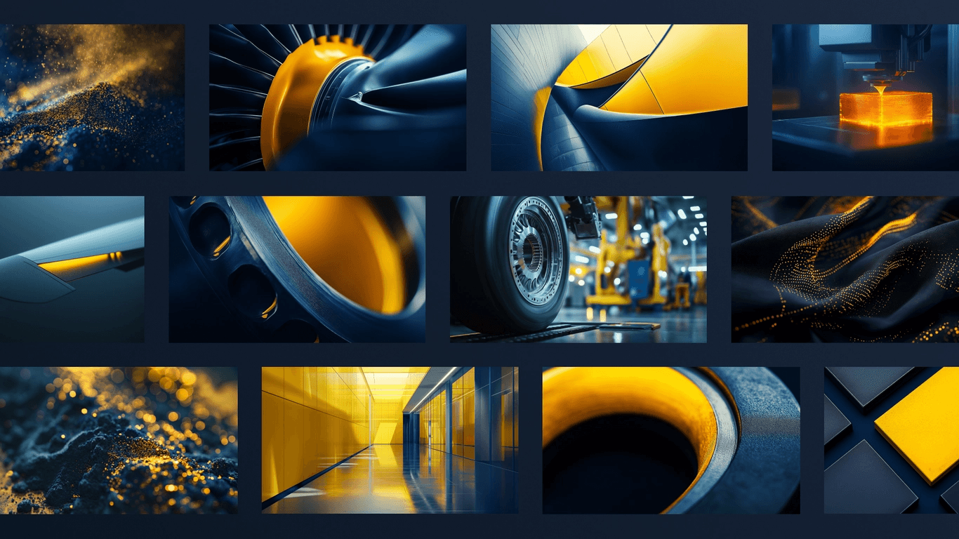 A collage of industrial and engineering scenes featuring machinery, metal textures, and yellow-blue lighting accents.