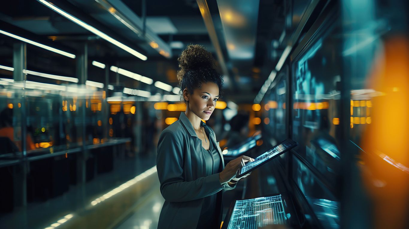 A woman in a futuristic setting interacts with a large digital screen, surrounded by glowing lights and technology.