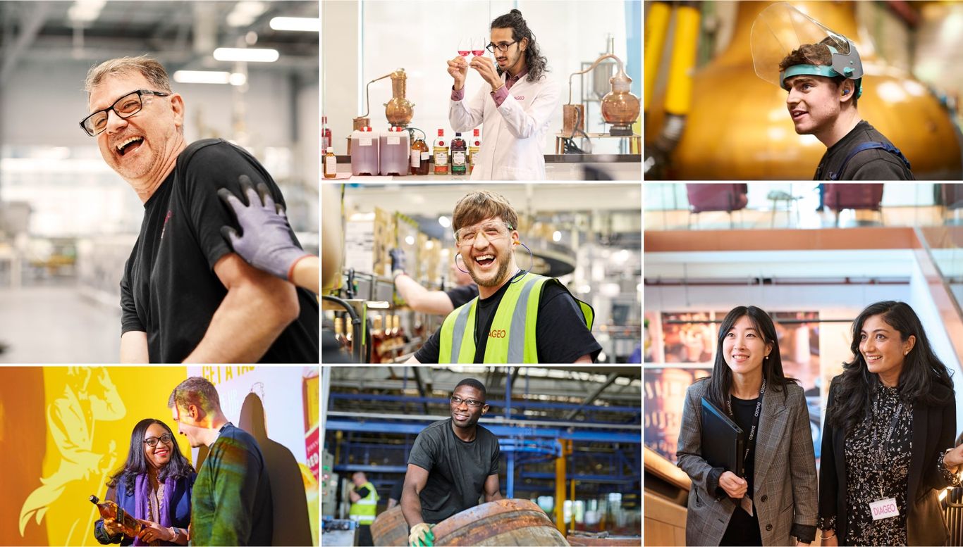 Collage of seven images showing people at work in various industries: a lab, a factory, a distillery, and an office. They are engaged in activities like experimenting, handling products, and conversing.