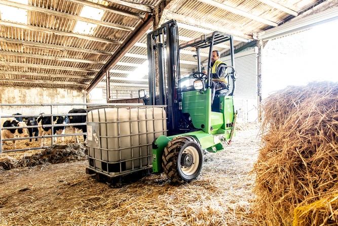 Person operating a green forklift transporting a large container inside a barn with cows in the background.