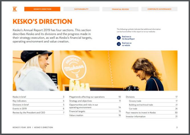 Open corporate annual report displaying kesko's direction, with table of contents and images of two women working.