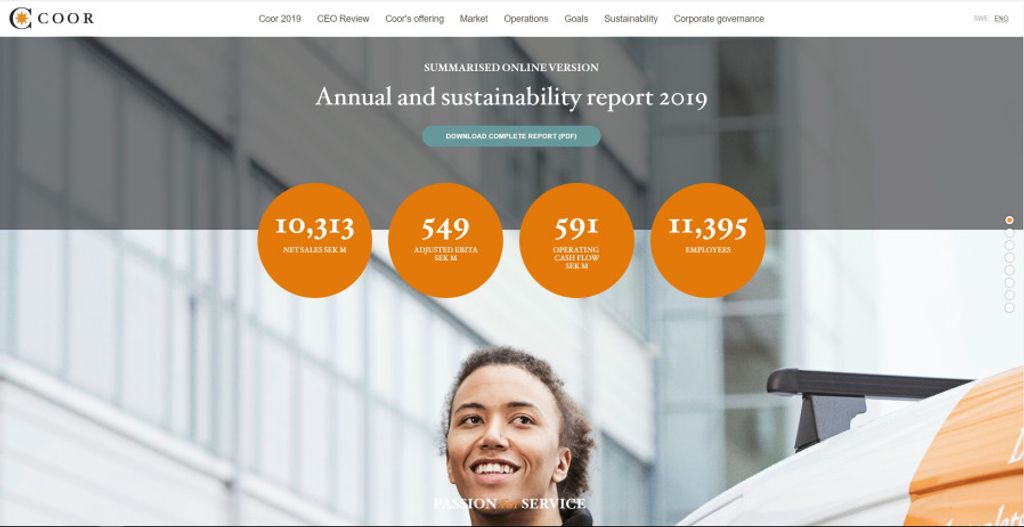Woman smiling with an overlay of a corporate annual and sustainability report highlights for 2019, including numerical achievements.