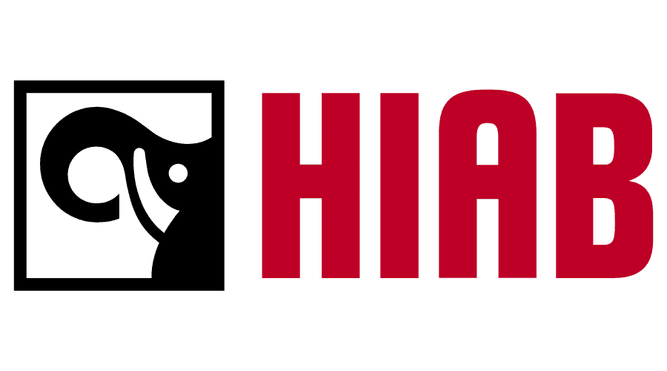 HIAB logo featuring a stylized black crane arm within a square beside bold red letters "HIAB".