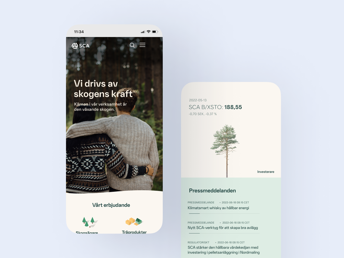 Two mobile screens displaying an app. The left screen shows a nature-themed homepage with a person in a forest. The right screen shows text data about SCA alongside an image of a tree.