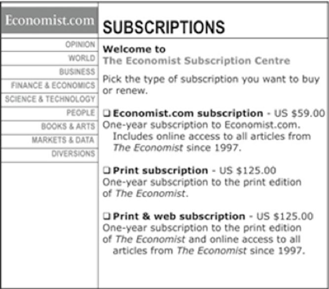 An overview of subscription options for the economist magazine, listing prices for online access and combined print and web subscriptions with details of inclusion since 1997.