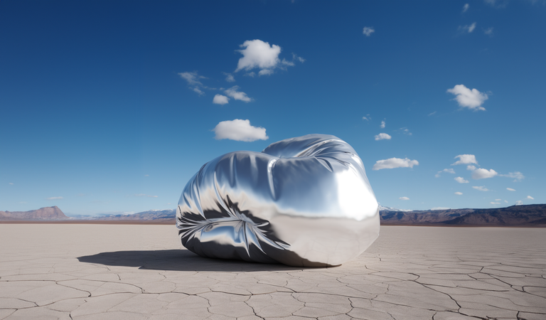 A large, shiny, crumpled metallic sculpture sits on a dry, cracked desert floor under a blue sky with scattered clouds.