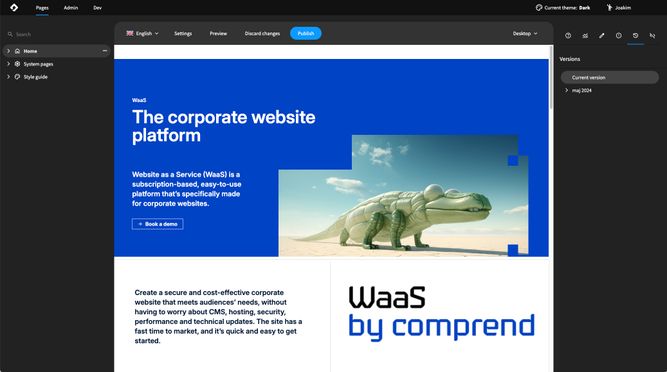 A webpage displaying a subscription-based corporate website platform with an alligator image, service description, and "WaaS by Comprend" branding in a blue and white color scheme.